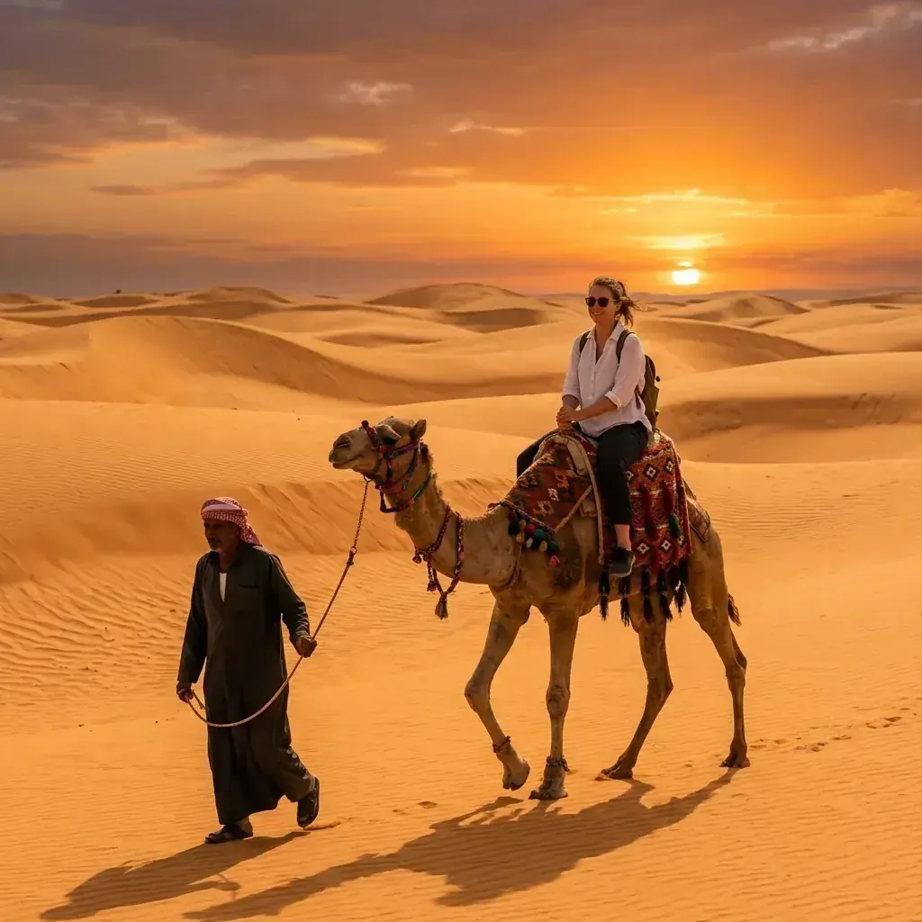Camel ride golden dunes desert sunset