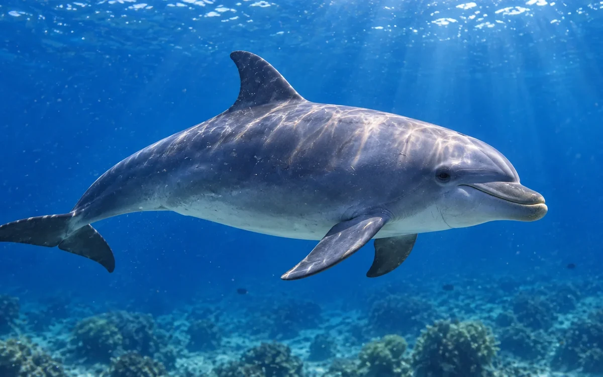 Illustrazione: Delfino visto di lato sott’acqua