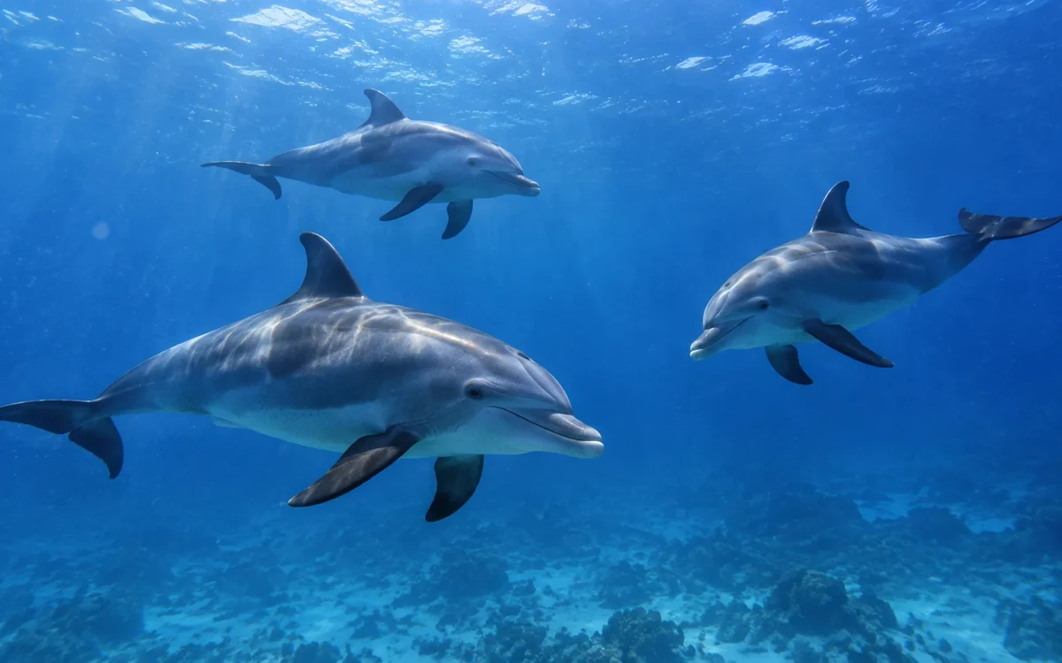 Illustrazione: Delfini selvatici nell’acqua blu del mare