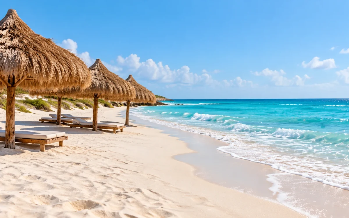 Illustrazione: Spiaggia sabbiosa e mare turchese