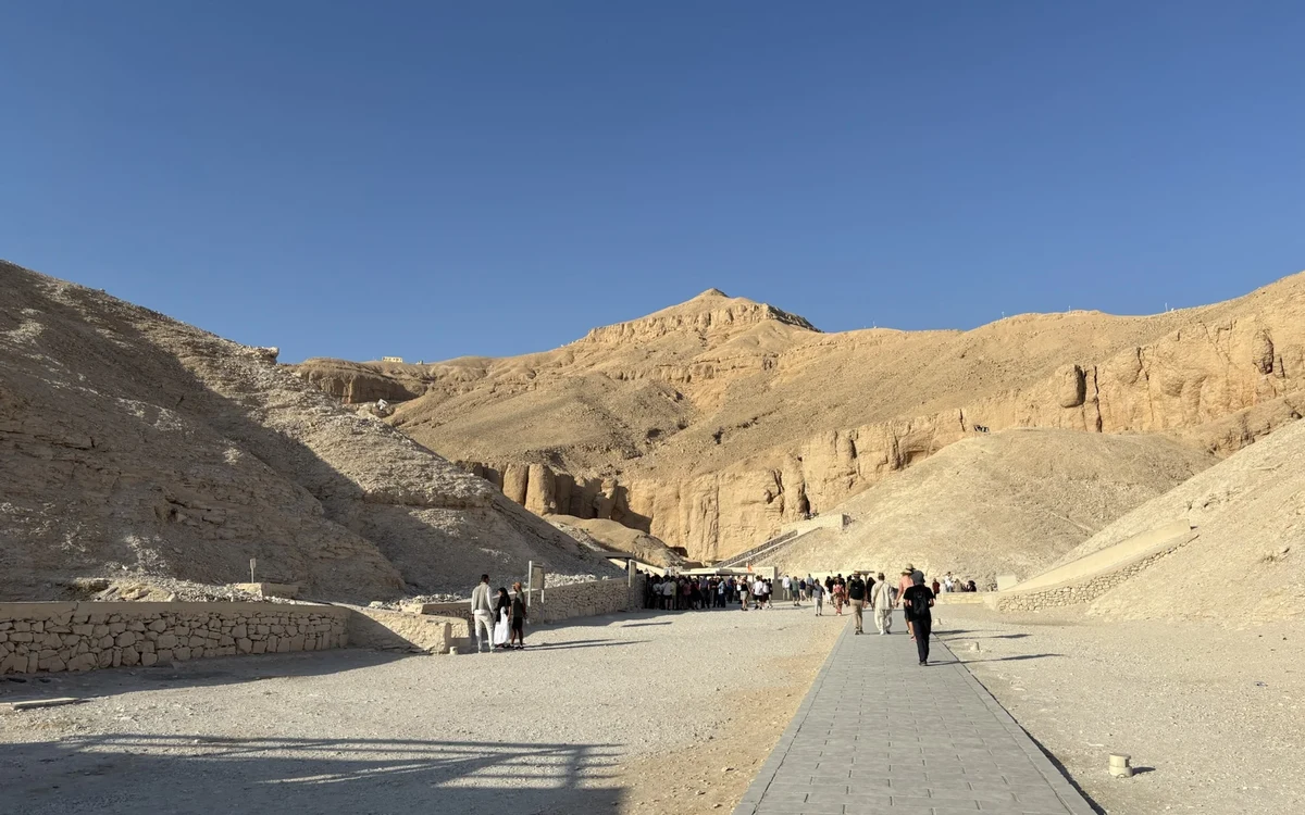 Rocky hills and a walkway in the Valley of the Kings