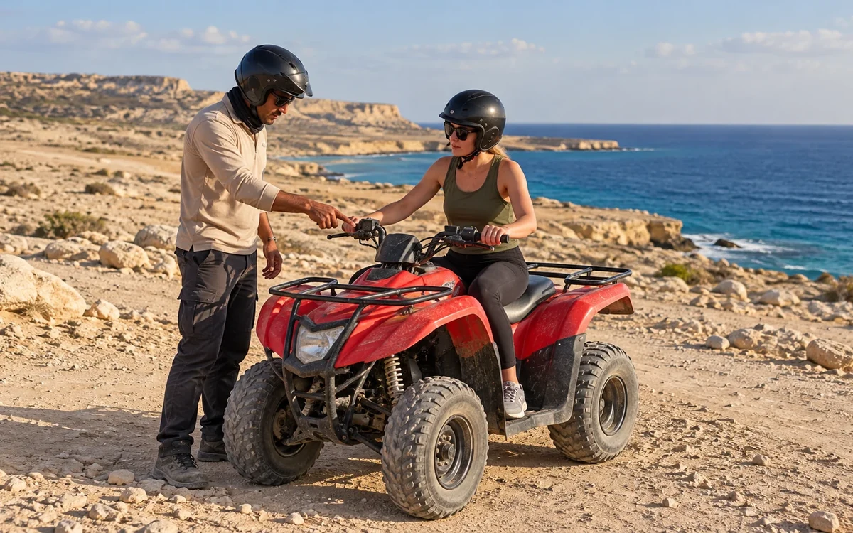 Guide zeigt an einer felsigen Küste auf die Quad-Bedienung