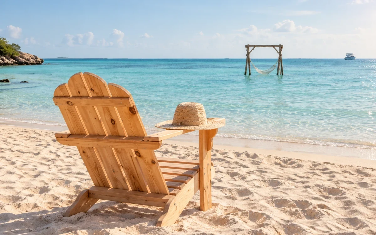 Illustration of a wooden chair and straw hat by shallow sea