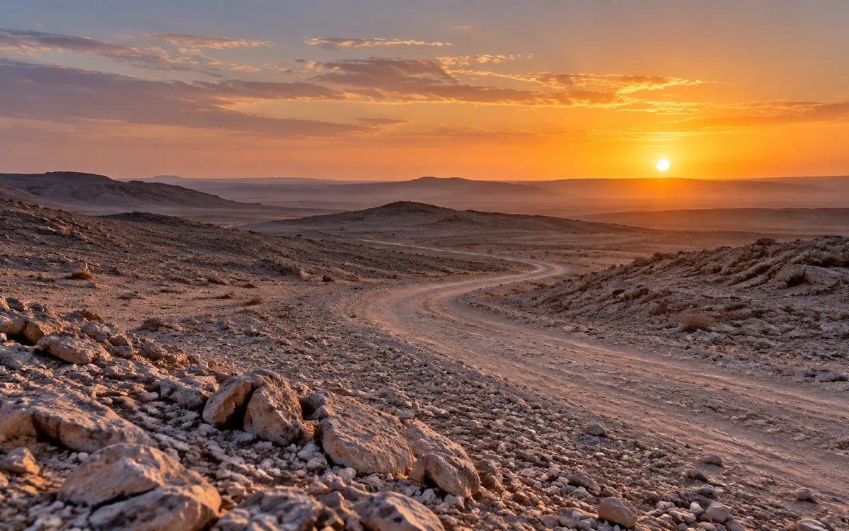 Illustration: Rocky desert track in low sunlight