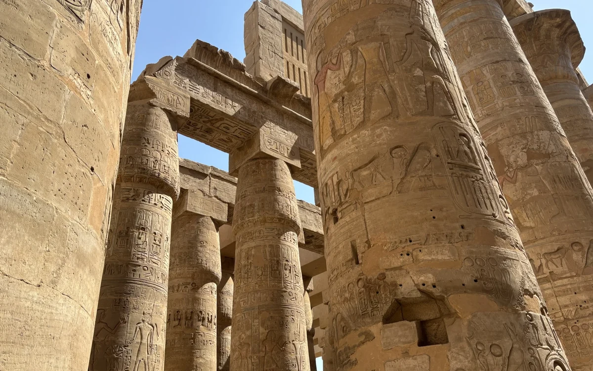 Carved columns and stone lintels at Karnak