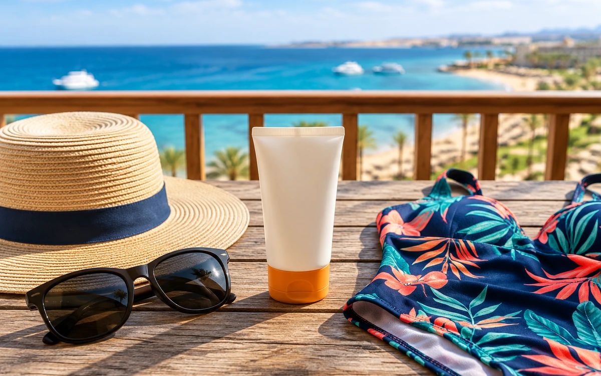 Hut, Sonnenbrille, Sonnencremetube und gemusterte Badebekleidung auf einem Tisch Hut, Sonnenbrille, Sonnencremetube und gemusterte Badebekleidung auf einem Tisch