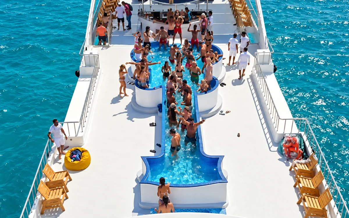 Upper deck of the boat with a swimming pool and guests Upper deck of the boat with a swimming pool and guests