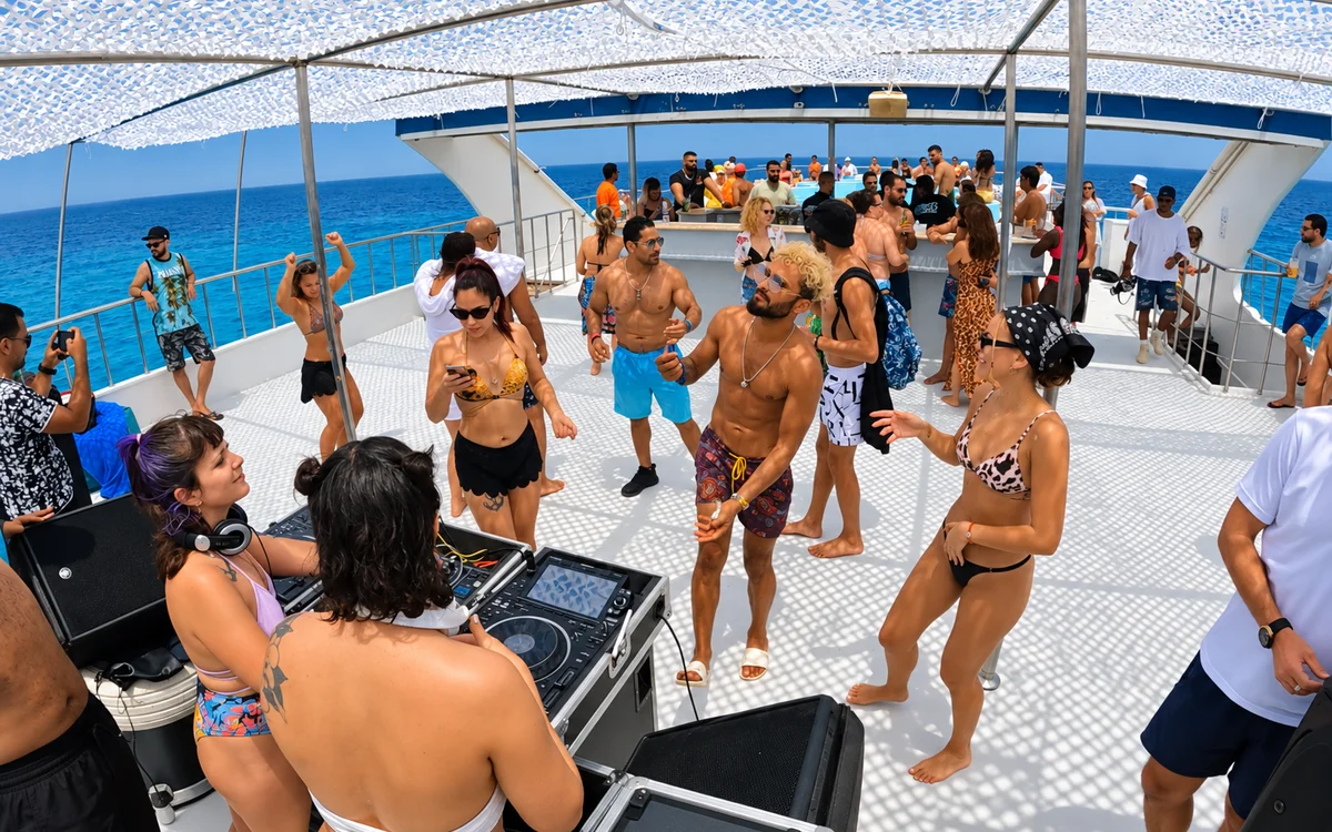DJ and dancing guests on the party deck