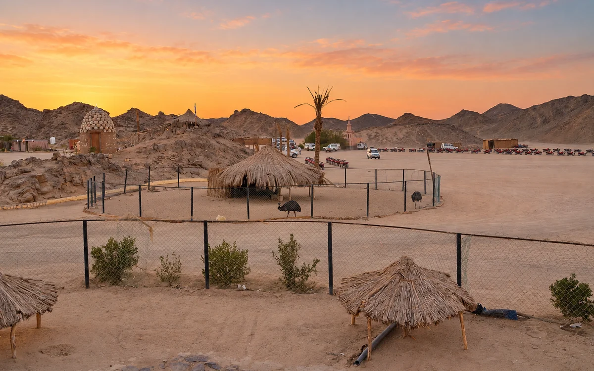 Bedouin village with thatched shelters at dusk