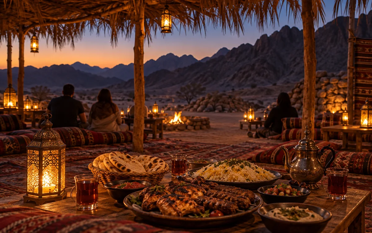 Illustration: Bedouin-style BBQ dinner with lanterns in the desert evening