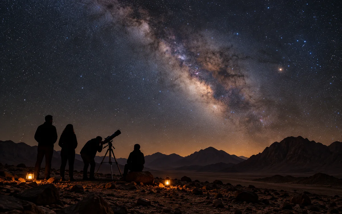 Illustration: People gathered around a telescope under the desert night sky